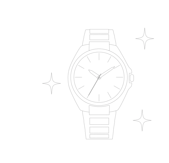 A watch with a metallic strap and three sparkles around it.