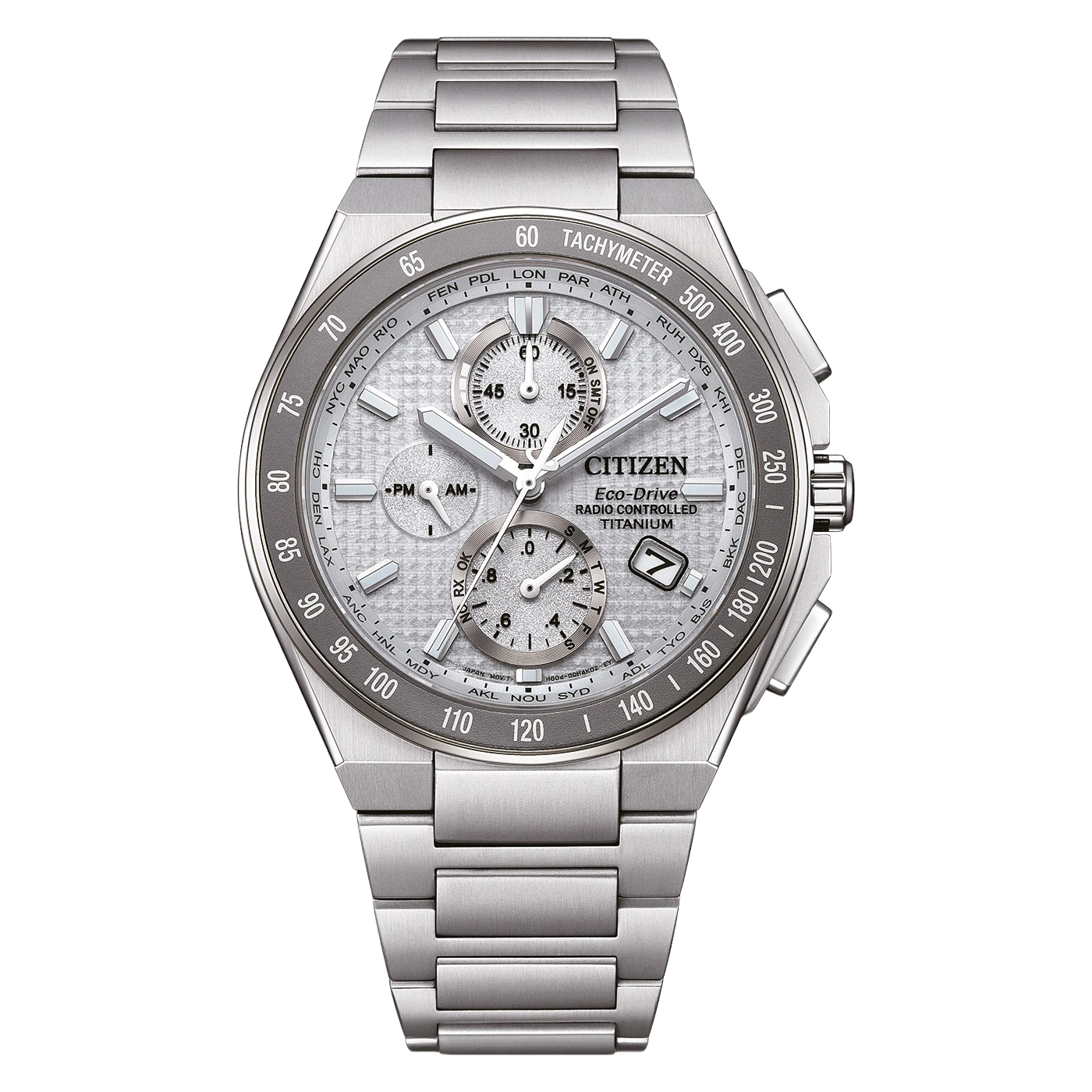 A modern silver Citizen Eco-Drive watch with chronograph and world time.