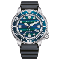 A Citizen Eco-Drive diver's watch with a blue and green textured dial and black strap.