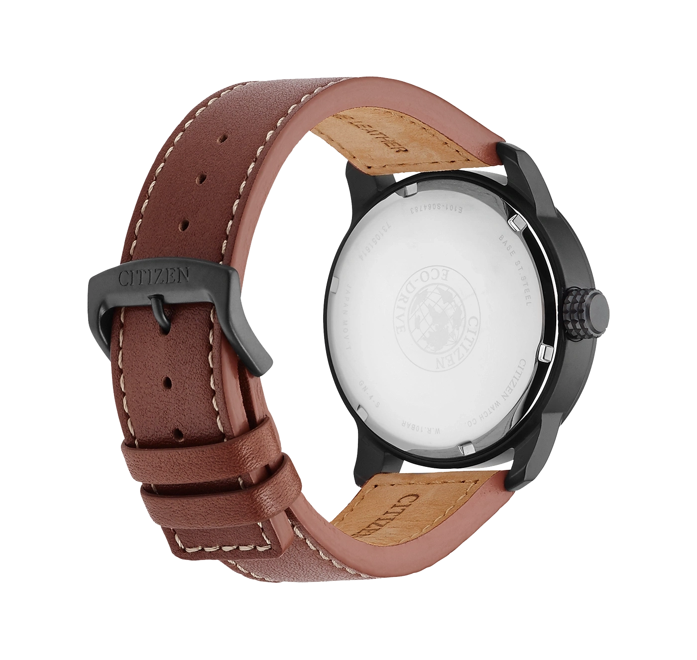 Citizen watch with brown leather strap, black case, and Eco-Drive technology.