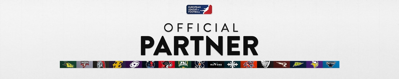 Official partner of the European League of Football with team logos.