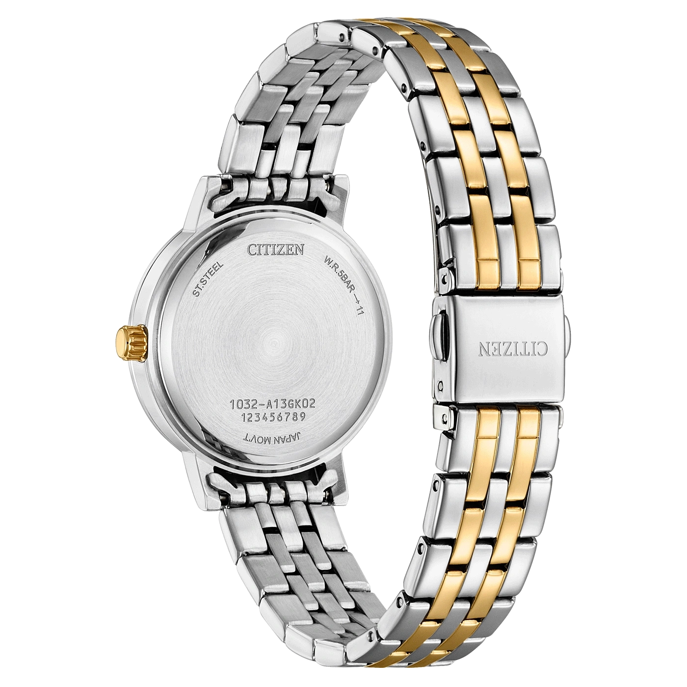 Citizen watch back, stainless steel, gold accents, Japanese movement, elegant design