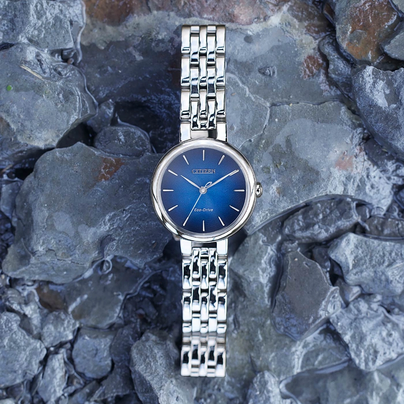 Citizen watch with blue face and silver band on a rocky surface