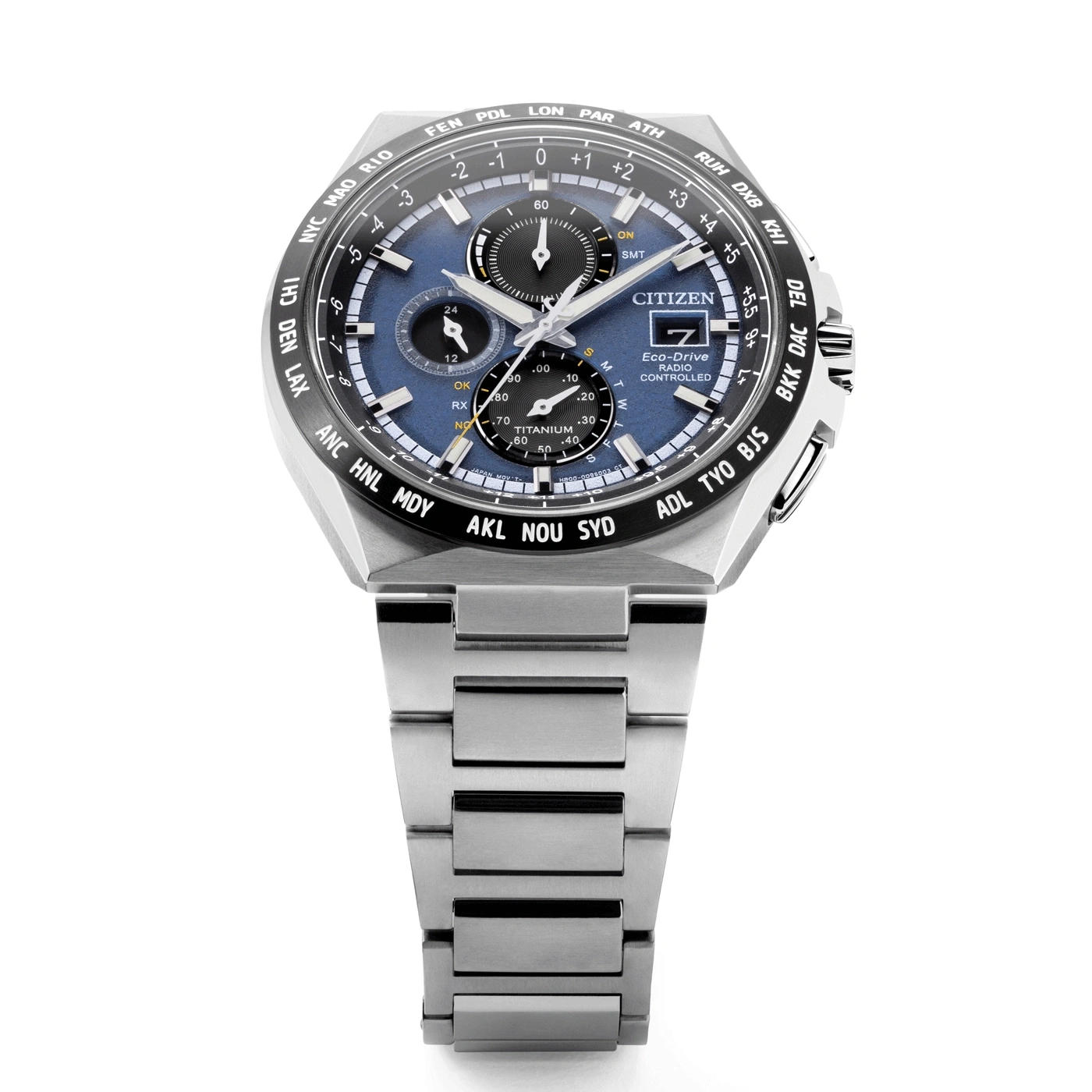 Citizen watch with blue face, titanium, radio controlled, time zones.