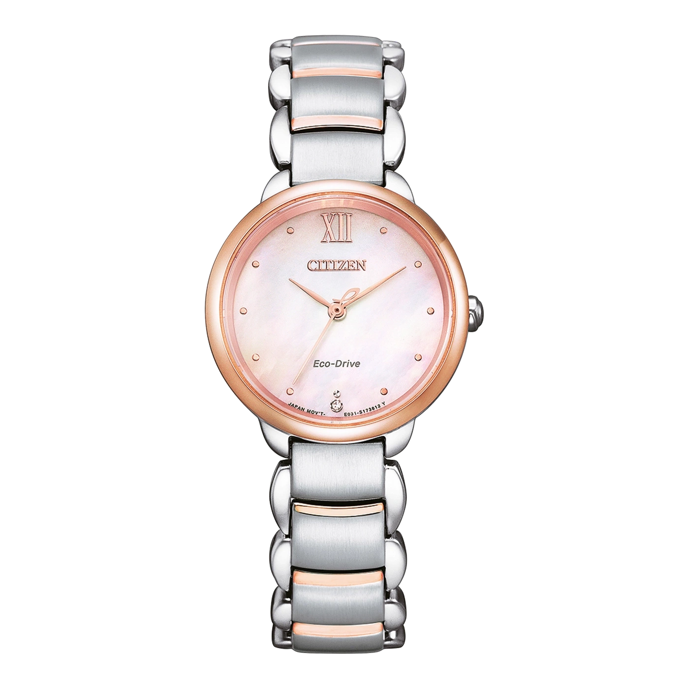 Citizen Eco-Drive watch with a white face and silver and rose gold band.