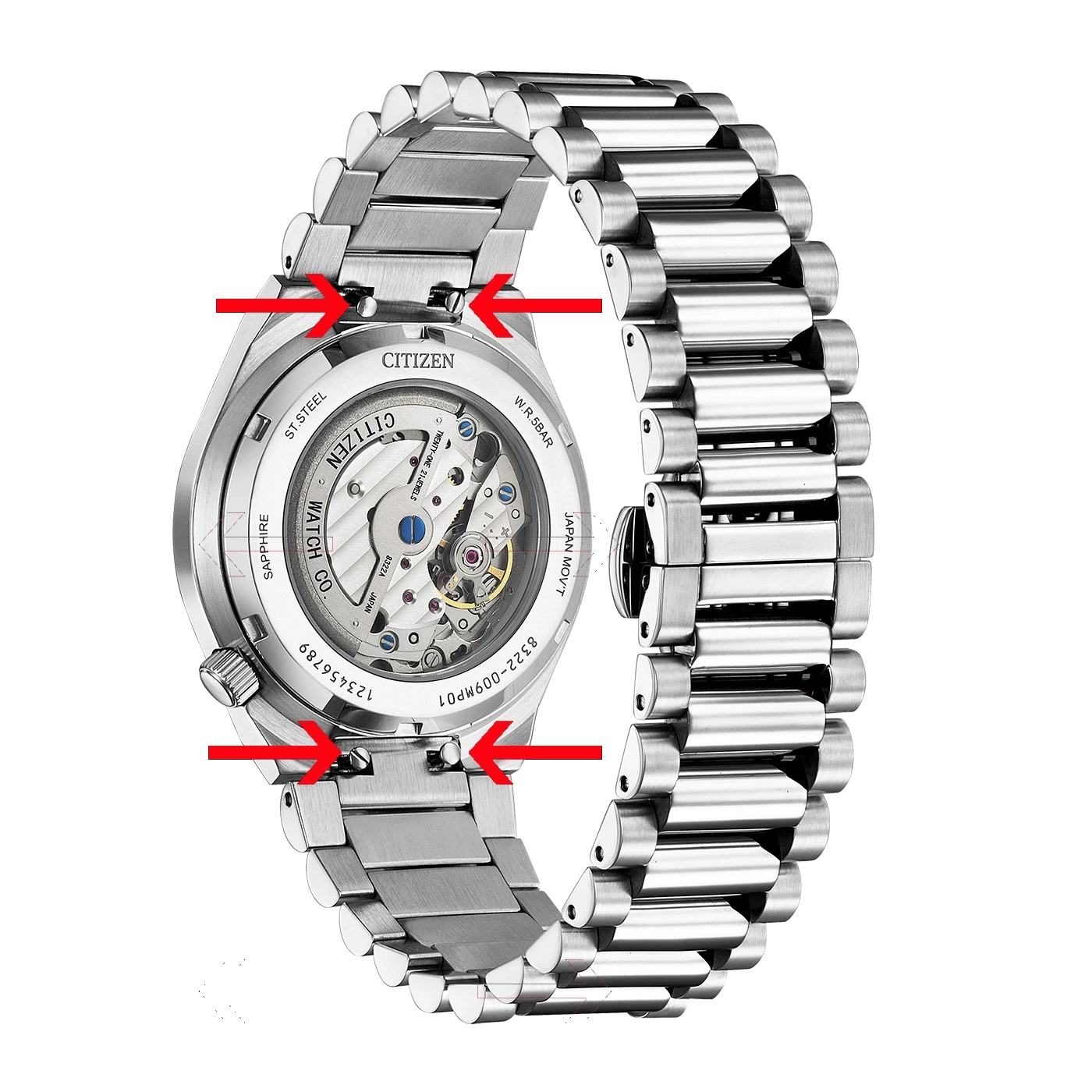 Citizen watch back with visible mechanism, stainless steel band, and markings.