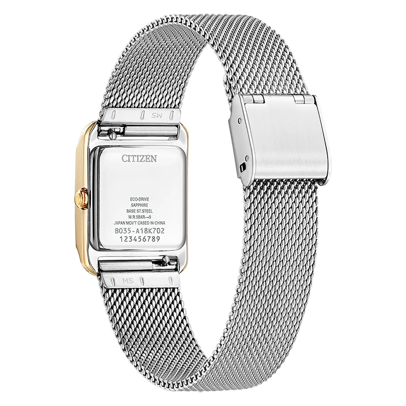 Citizen watch with a silver mesh band and gold accents, rectangular face.