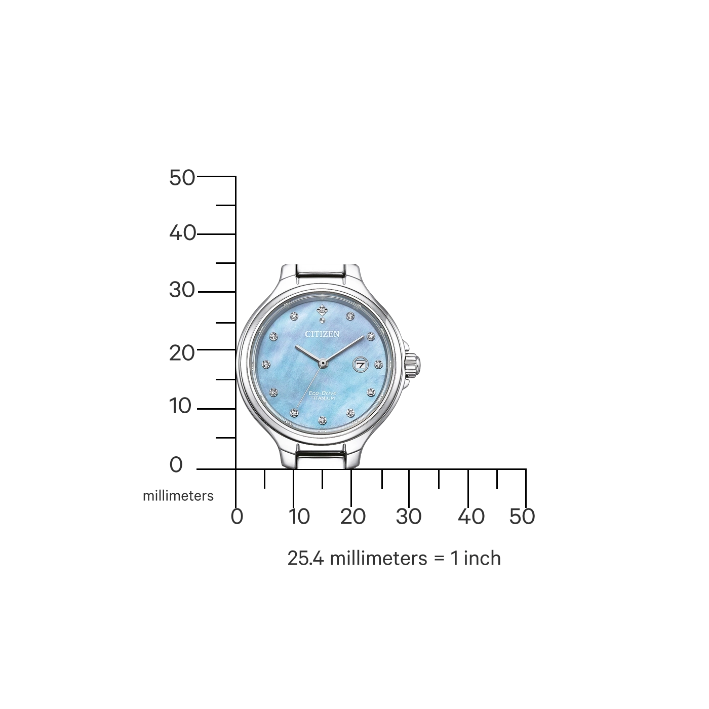 Citizen watch with a blue face and diamond accents, measuring scale.