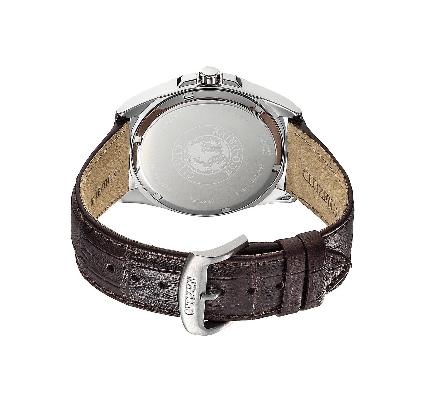 Citizen watch back with leather strap, steel, and Eco-Drive technology.
