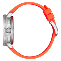 Side view of a modern silver watch with an orange rubber strap.