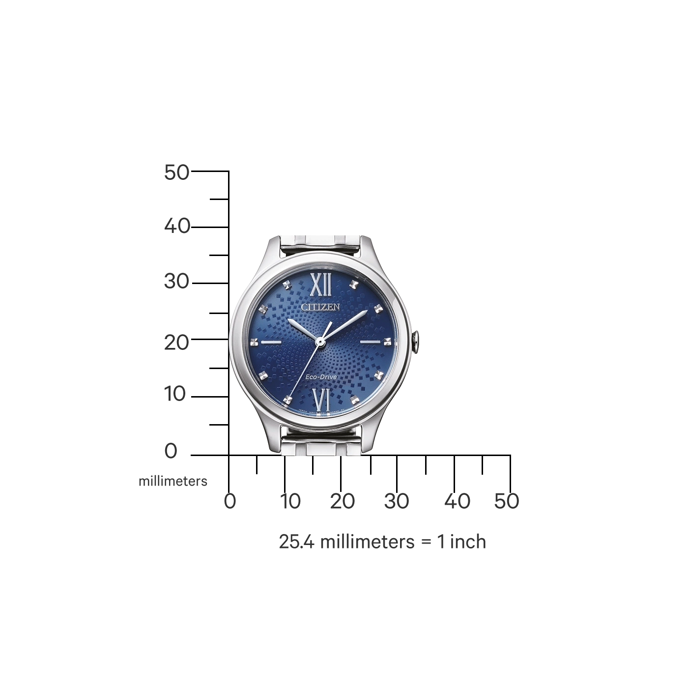 Citizen watch with blue face, silver band, and Roman numerals. Eco-Drive.