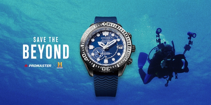 A Citizen Promaster watch advertisement features a scuba diver in the ocean with the text "Save the Beyond" and the Promaster and History logos.
