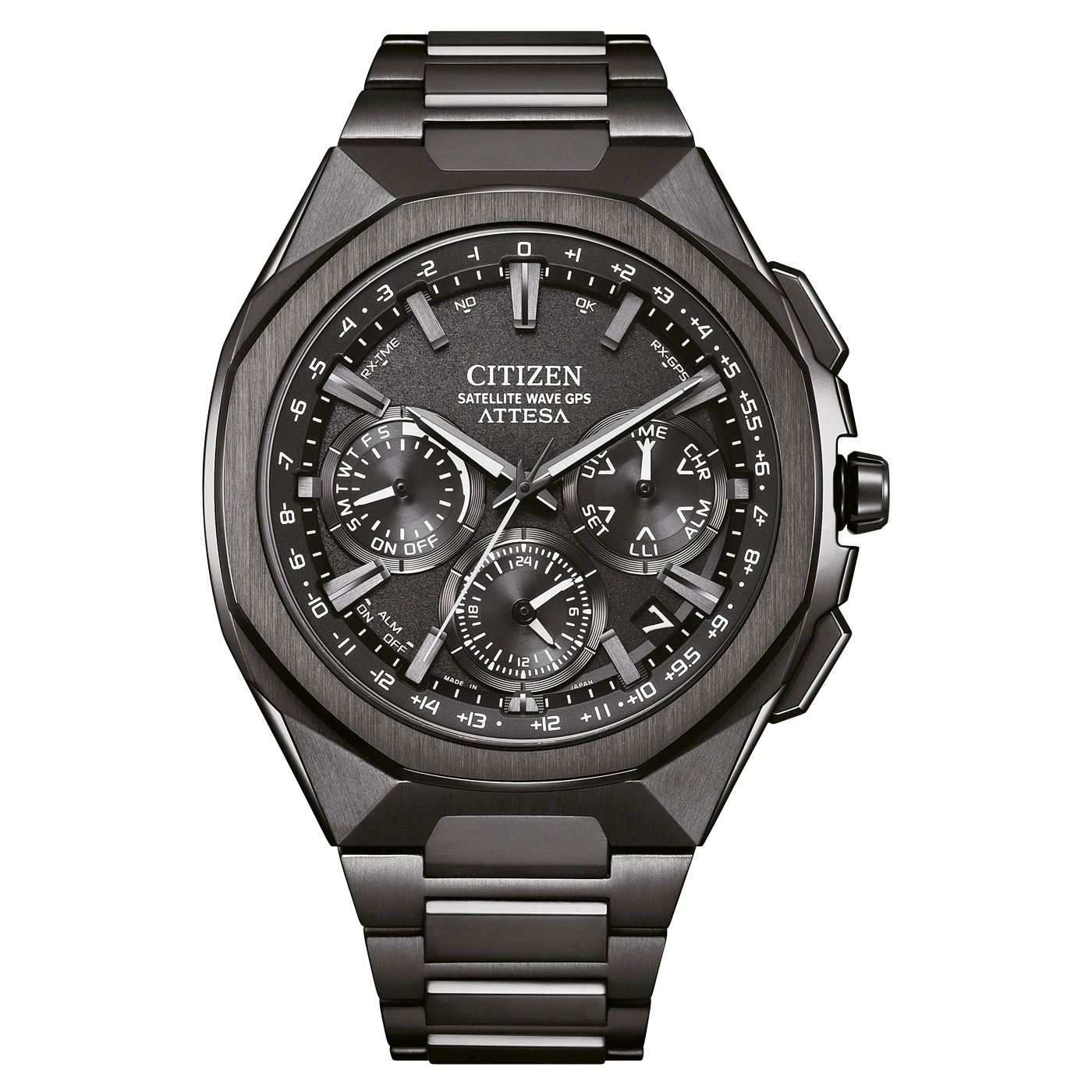 Black Citizen Attesa watch with multiple dials and a metallic strap, modern design.