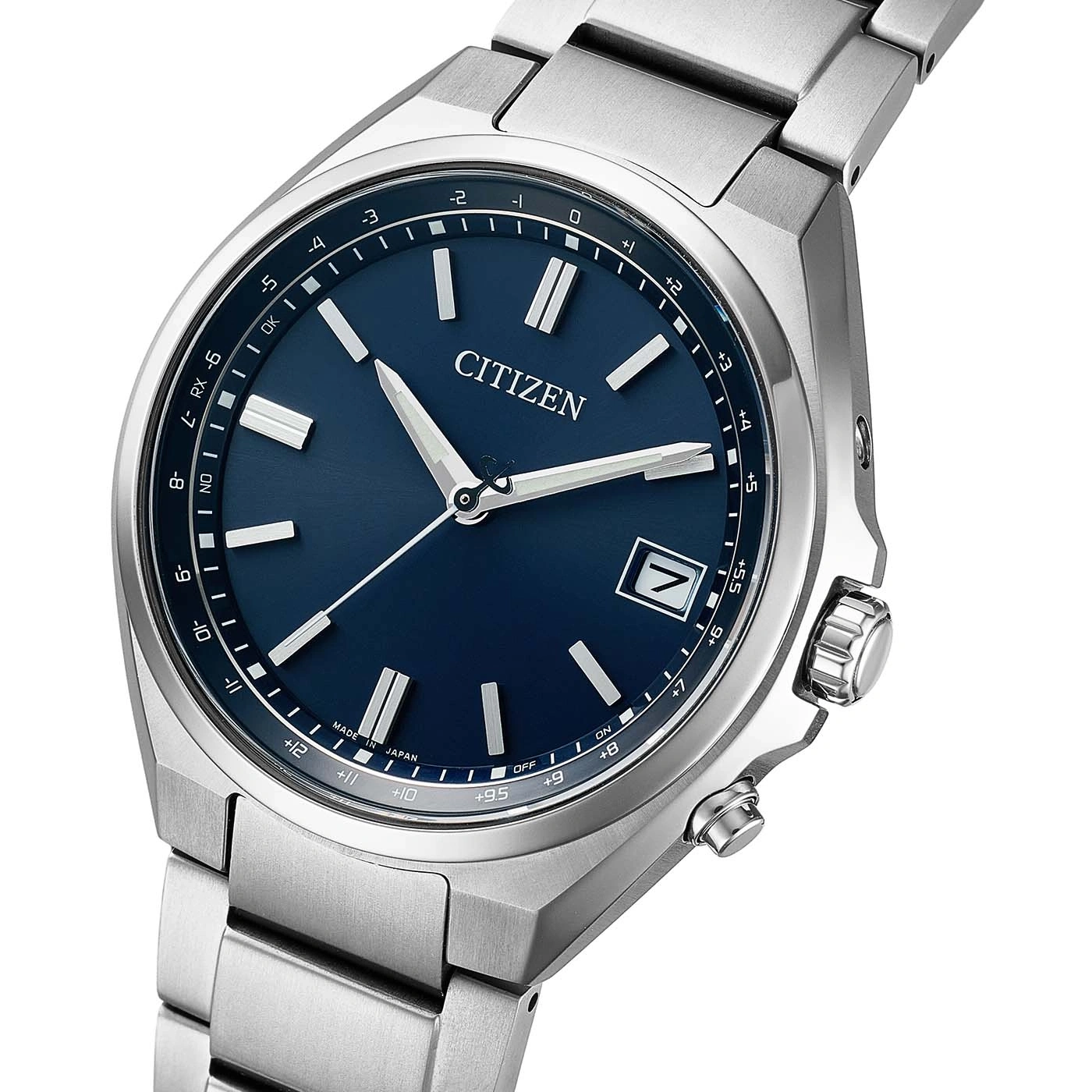 A Citizen watch with a blue face and silver band is shown.