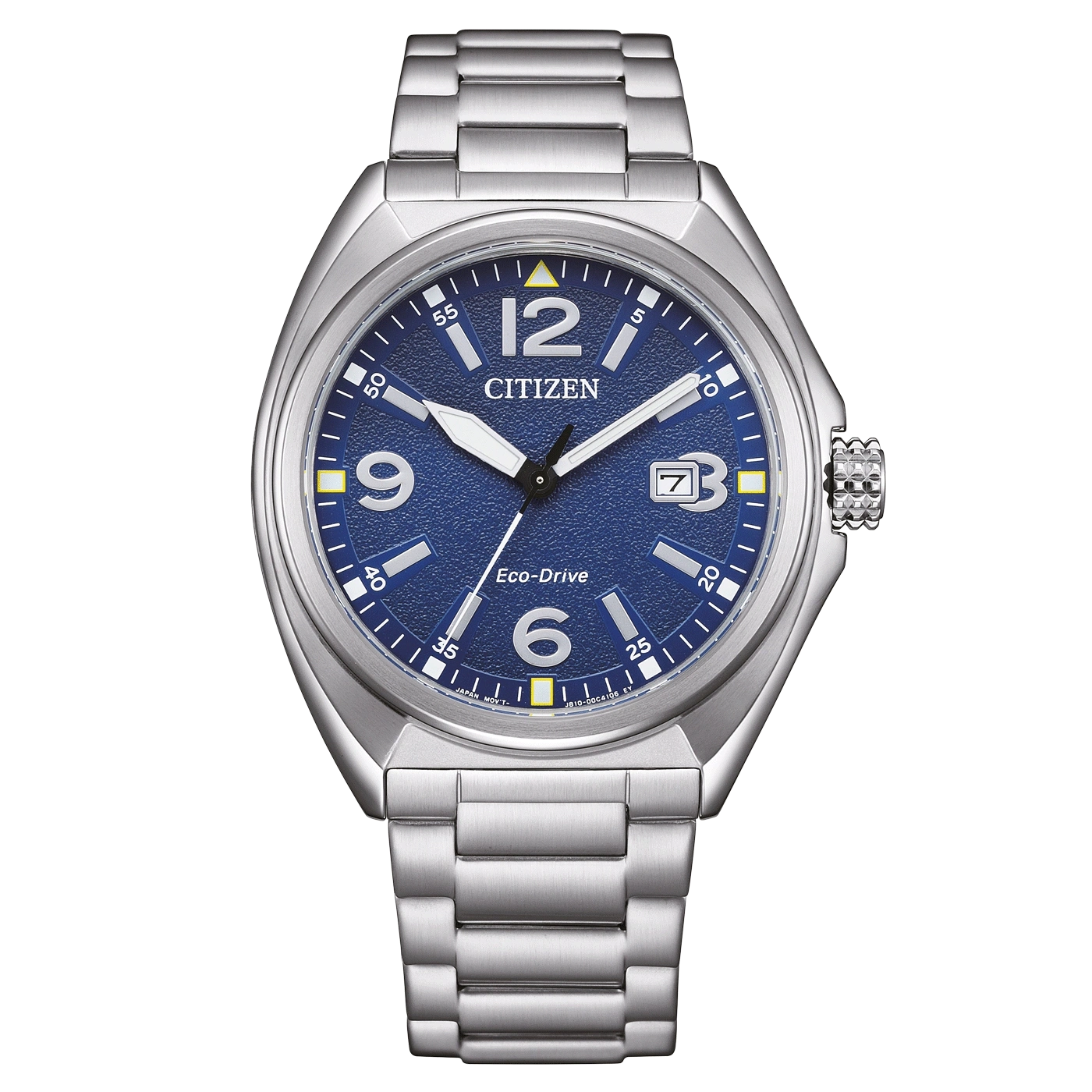 Citizen watch with blue dial, silver strap, and Eco-Drive technology.