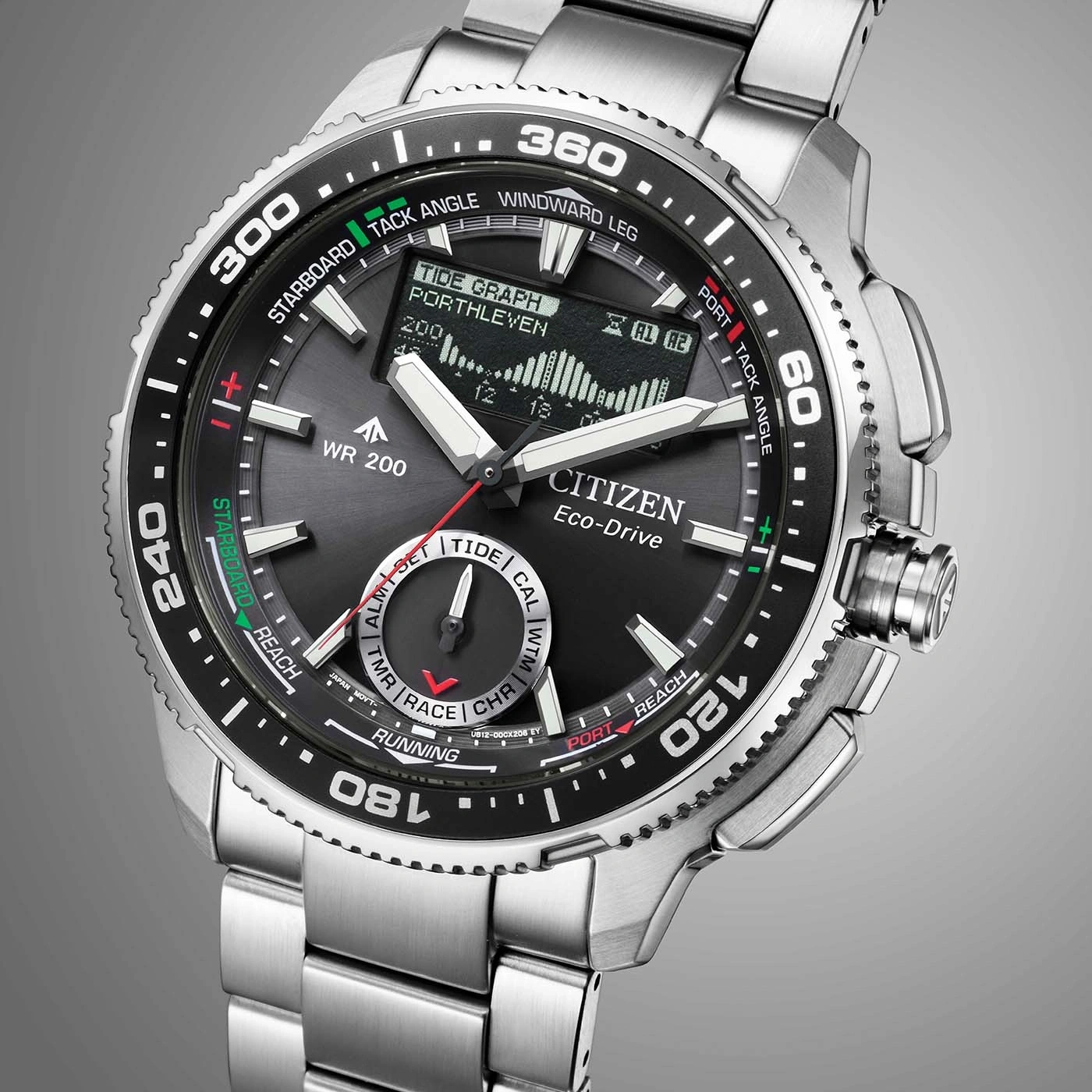 A Citizen Eco-Drive watch with a tide graph and compass functions.