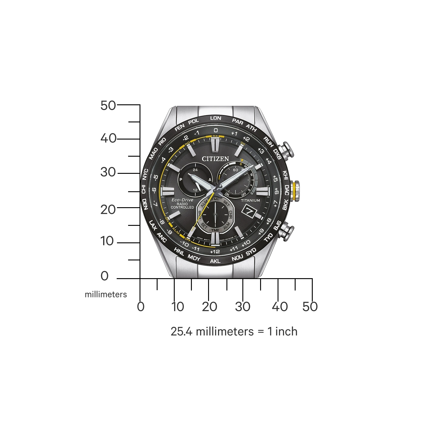 Citizen watch with black face, titanium, radio controlled, time zones, and chronograph features.