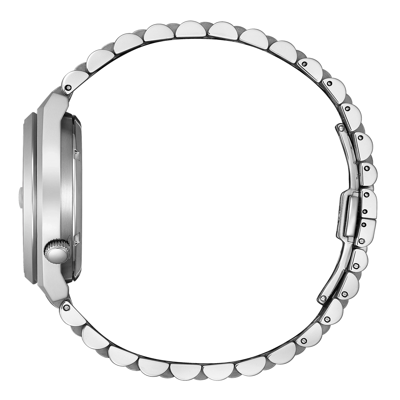 Side view of a silver wristwatch with a metal band, elegant design.