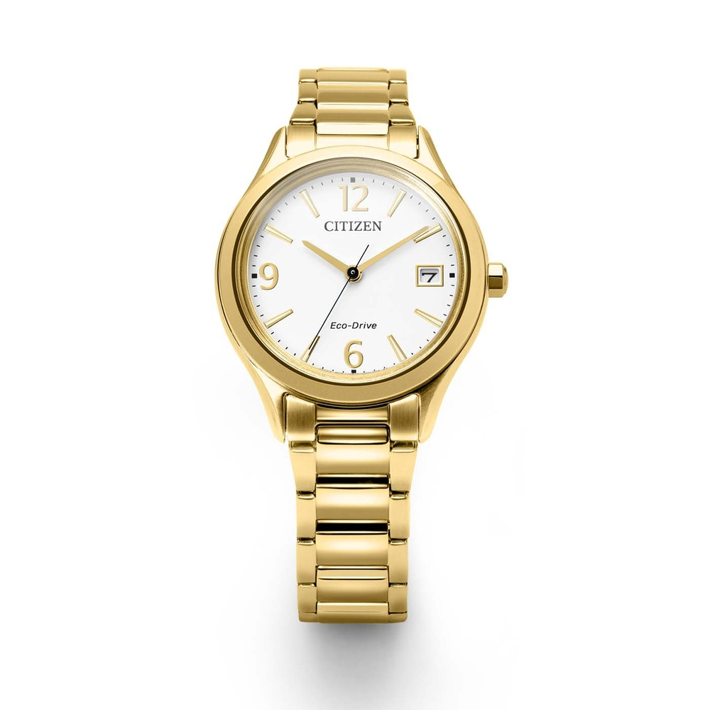 A gold Citizen Eco-Drive watch with a white dial and date window, set against a white background.