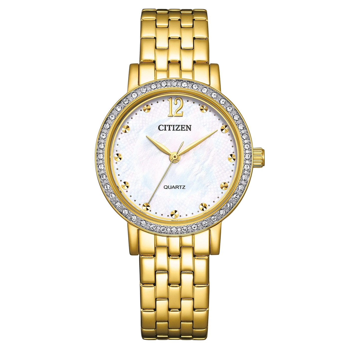 Gold Citizen watch with a white face and diamond accents, quartz.