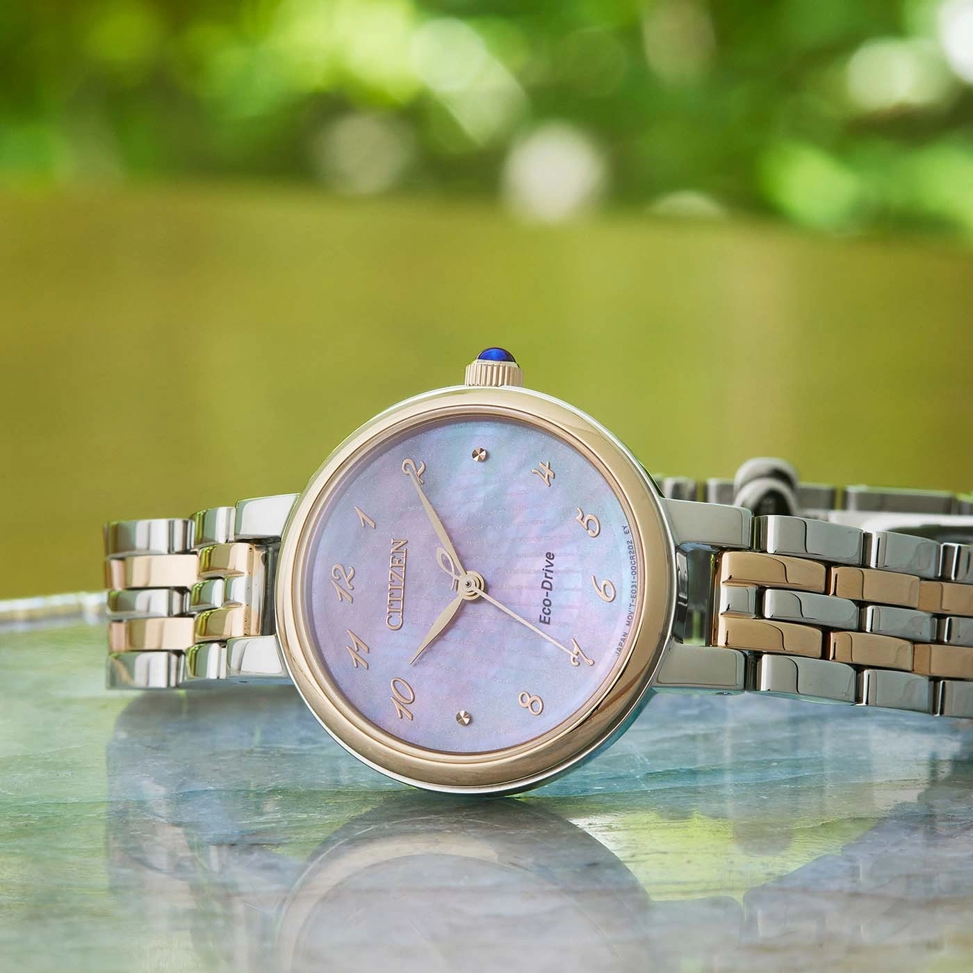 Citizen Eco-Drive watch with a mother-of-pearl dial and gold accents.