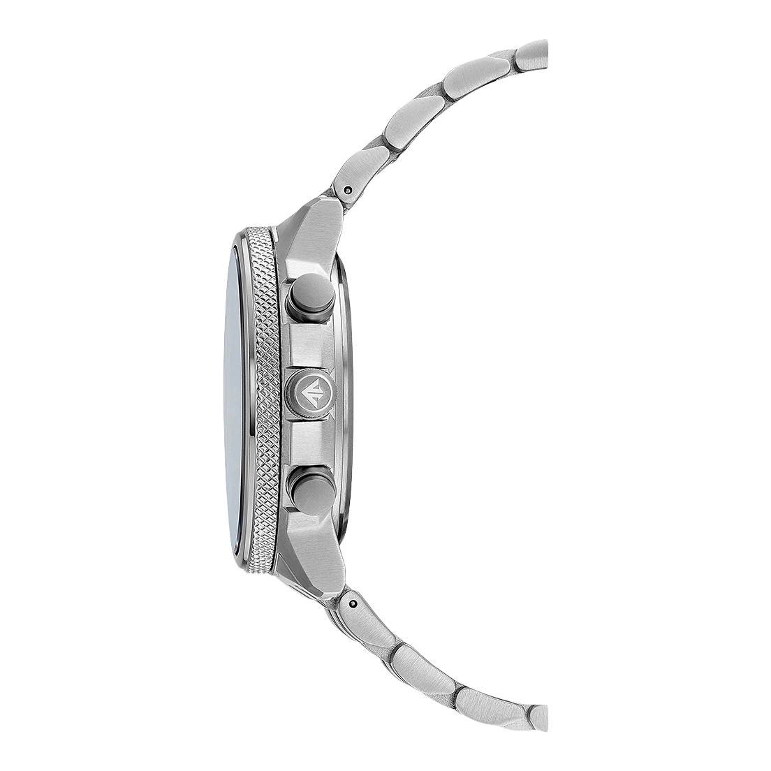 Side view of a silver watch with a metal strap and buttons.