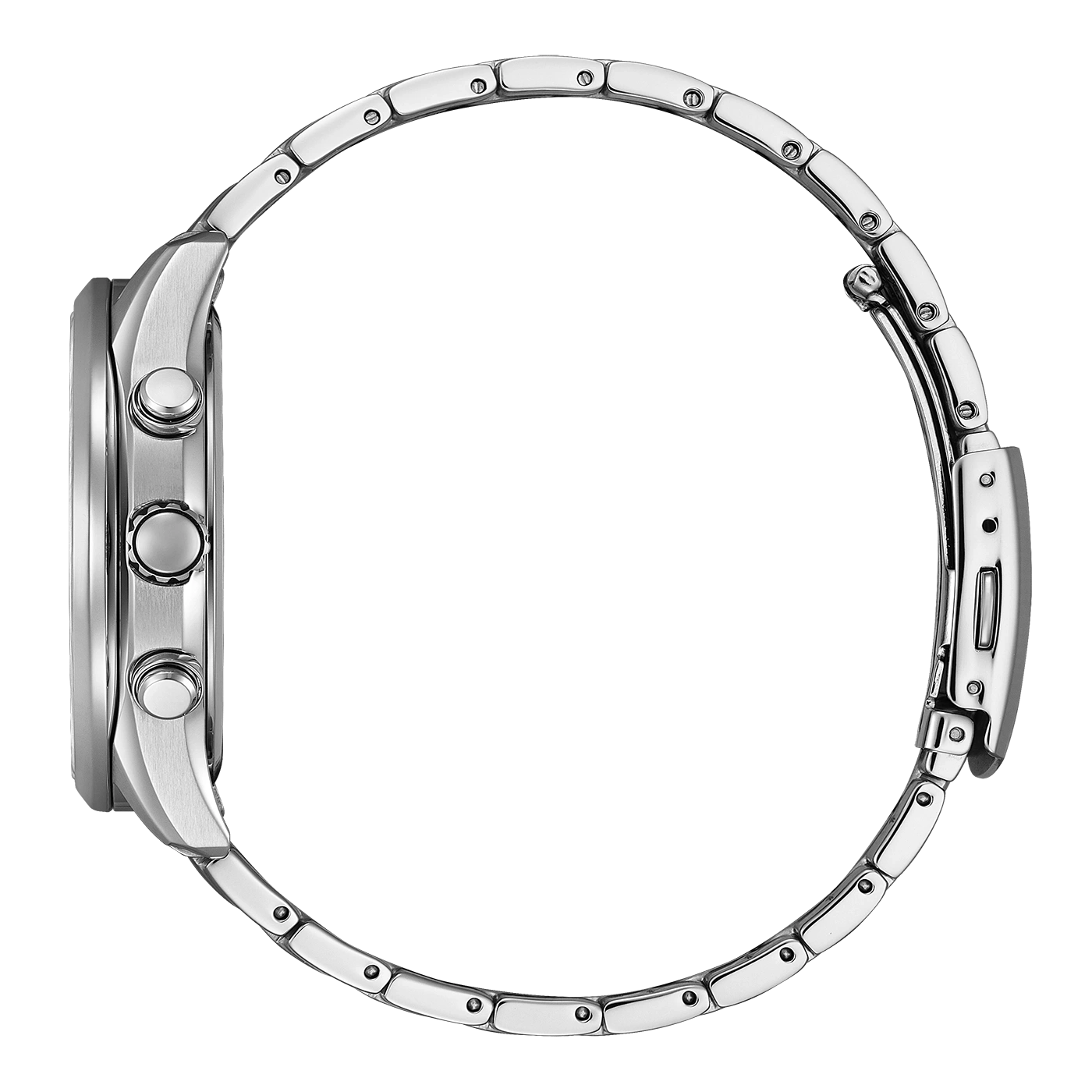 Side view of a silver wristwatch with a metal band and buttons.