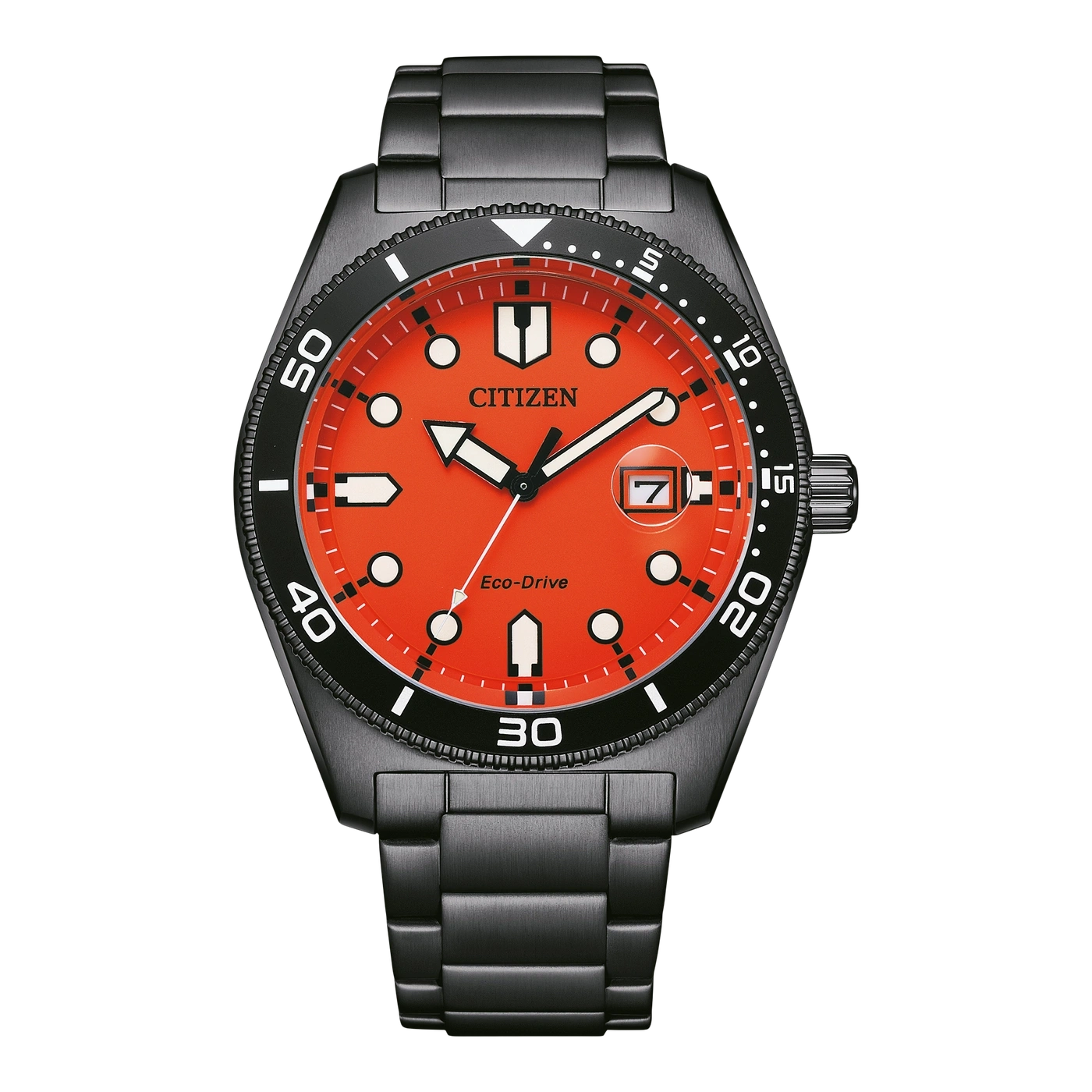 Citizen watch with orange dial and black bezel and band.