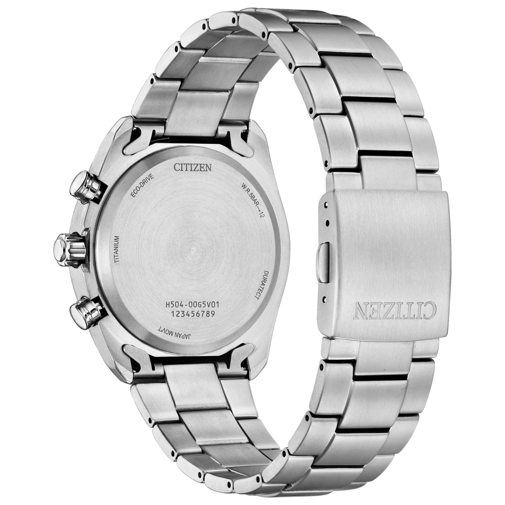 Back of a brushed silver Citizen Eco-Drive watch with text.