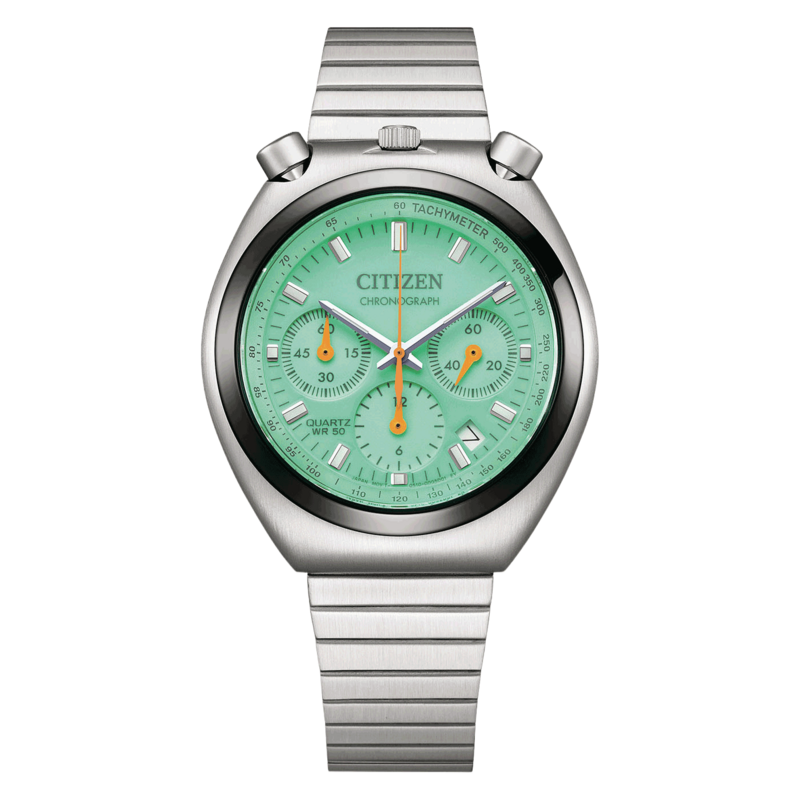 A mint green Citizen chronograph watch with a stainless steel band.