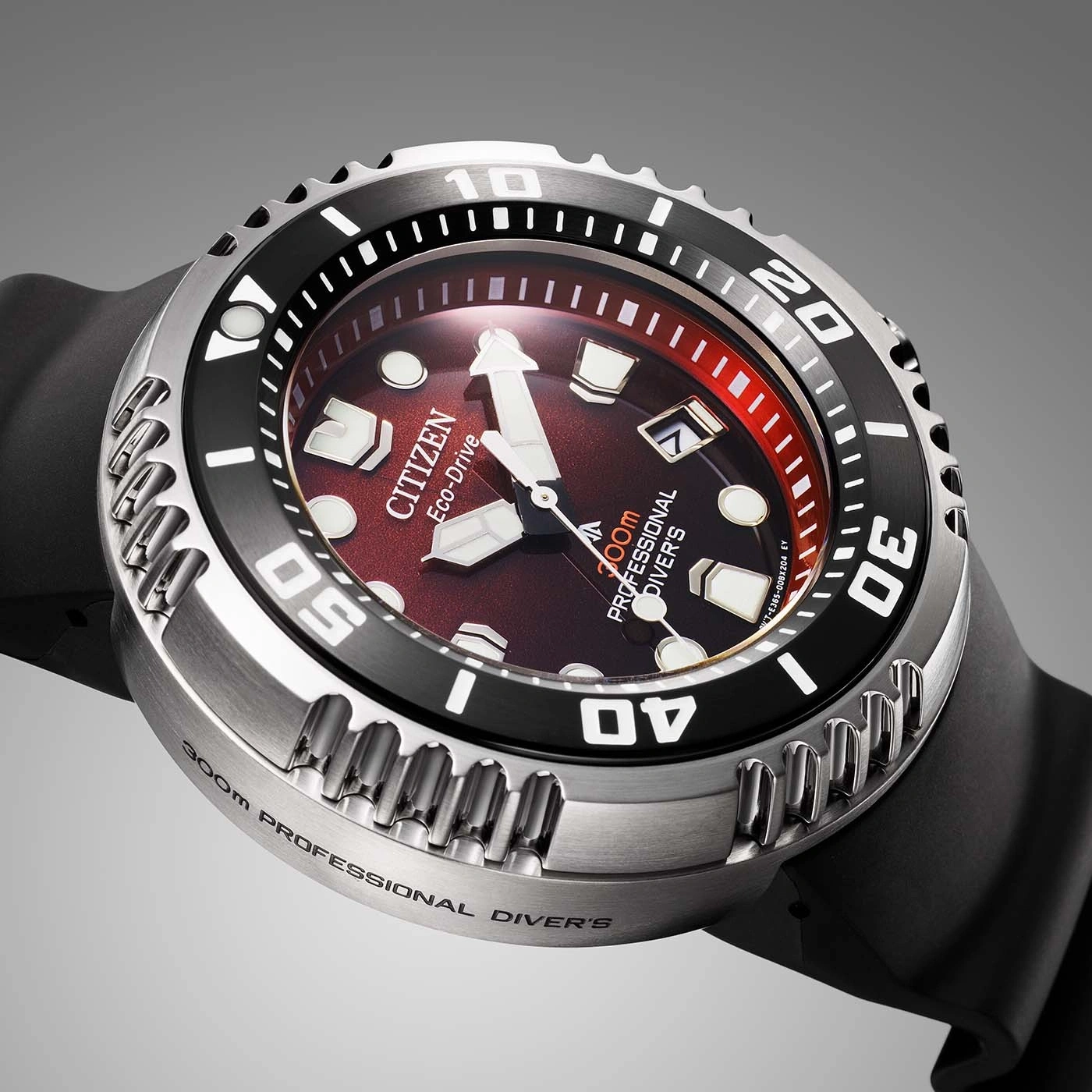 Close-up of a Citizen Eco-Drive professional diver's watch with a black bezel.