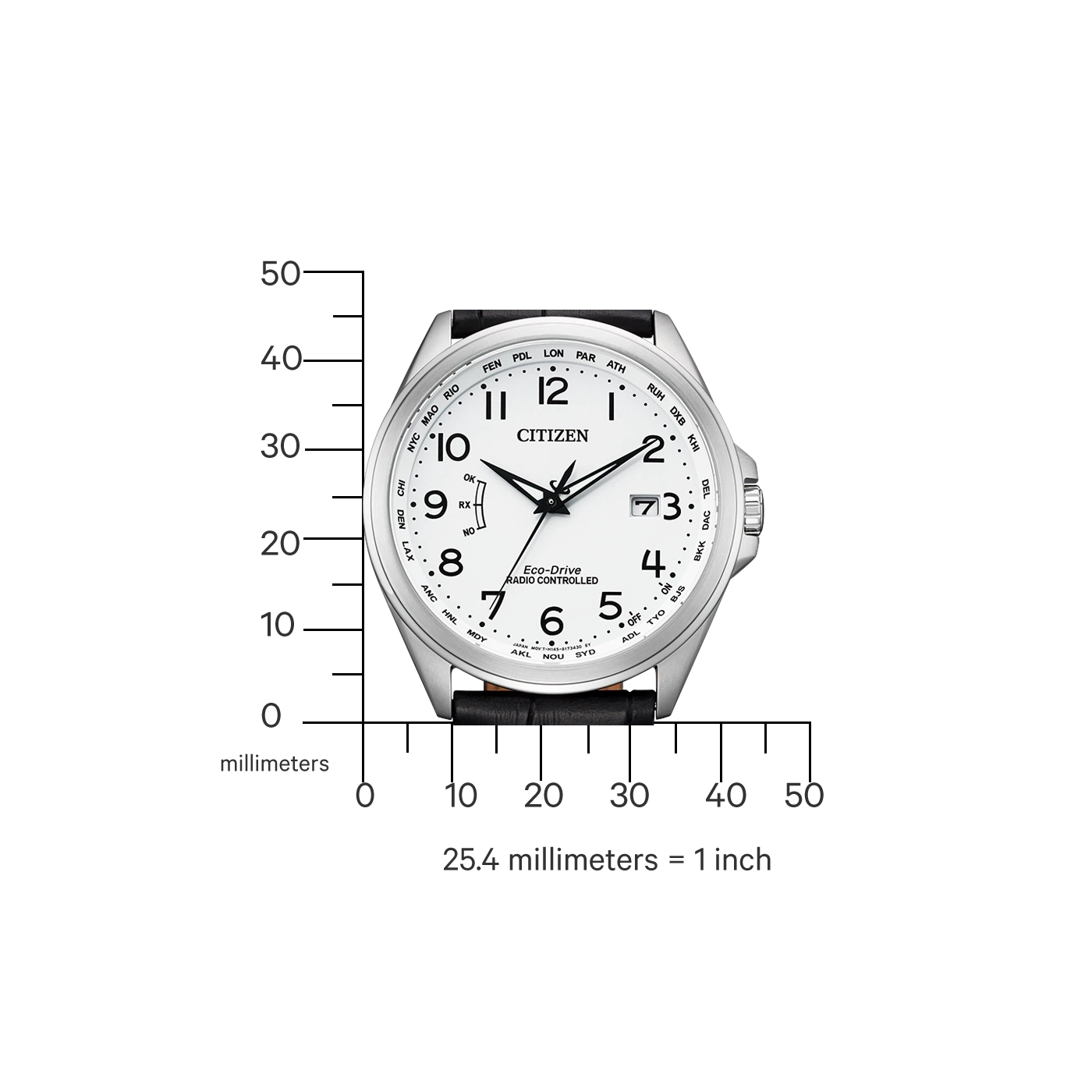 Citizen watch with white face, black leather strap, and time zone indicators.