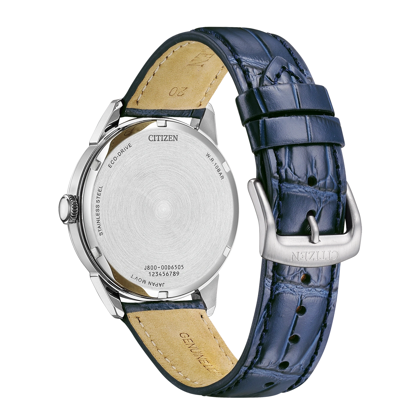 Back of a blue leather Citizen watch with text.