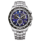 Citizen watch with blue face, silver band, and chronograph features.