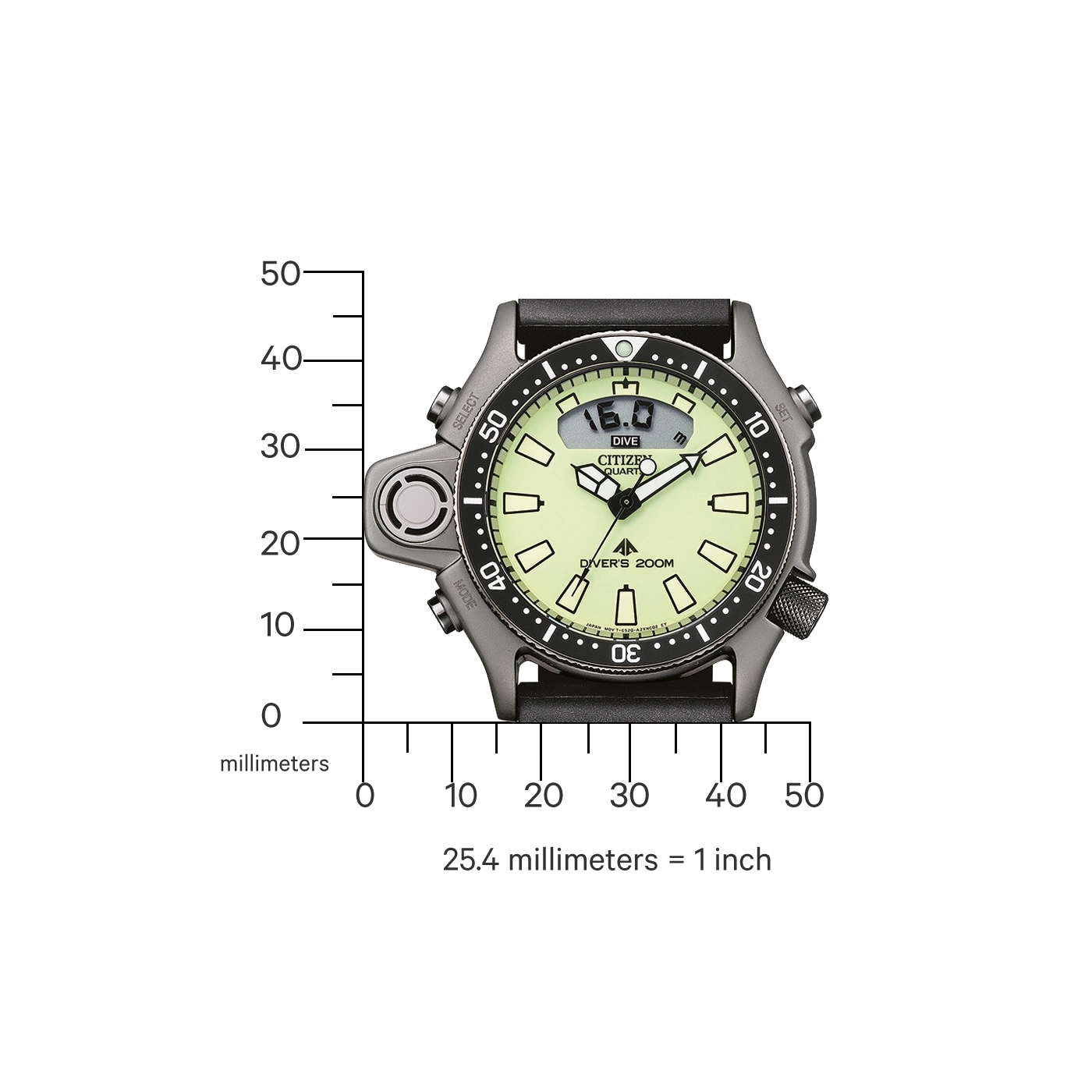 Citizen watch with depth gauge, black strap, and measurement scale.
