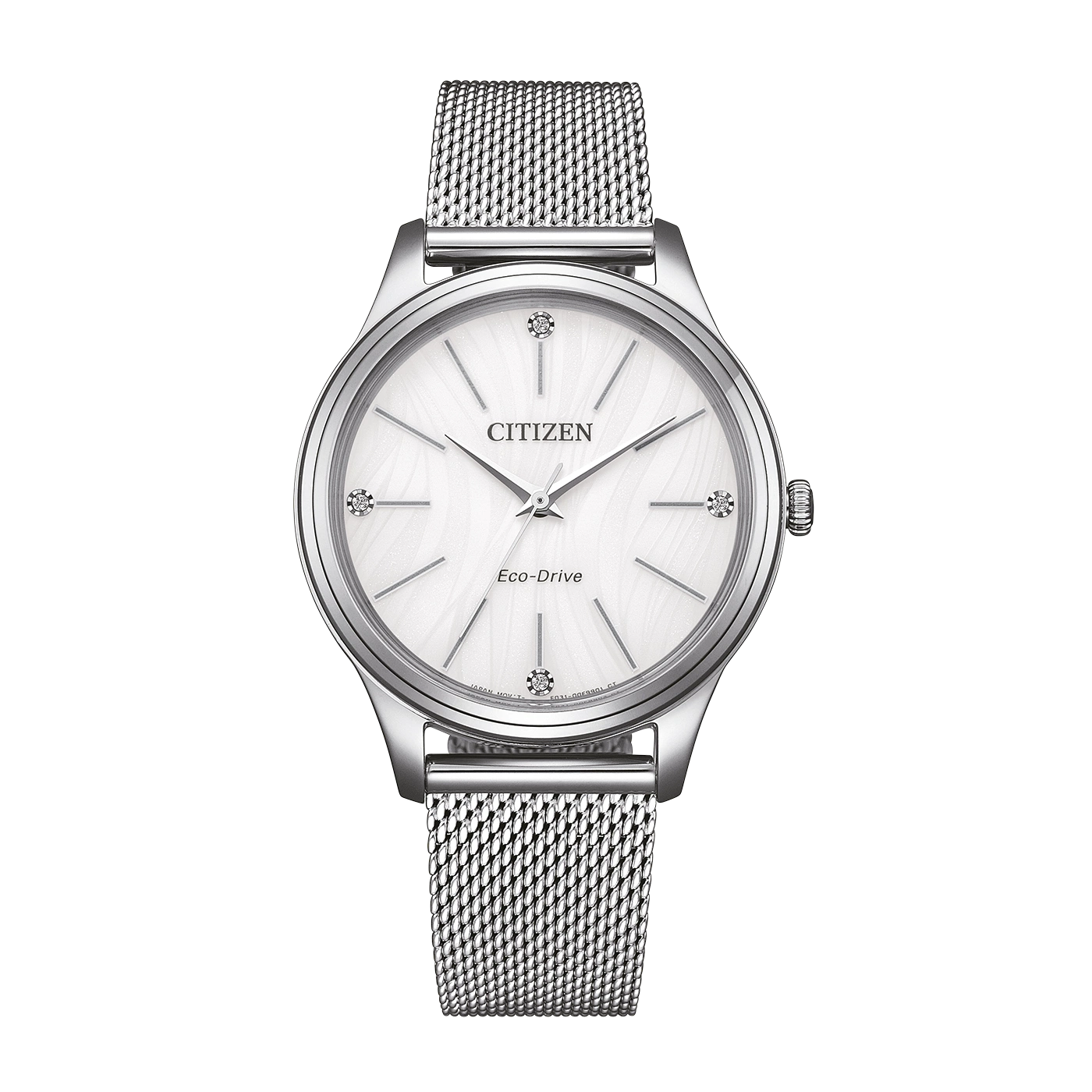A white Citizen Eco-Drive watch with a silver mesh band.