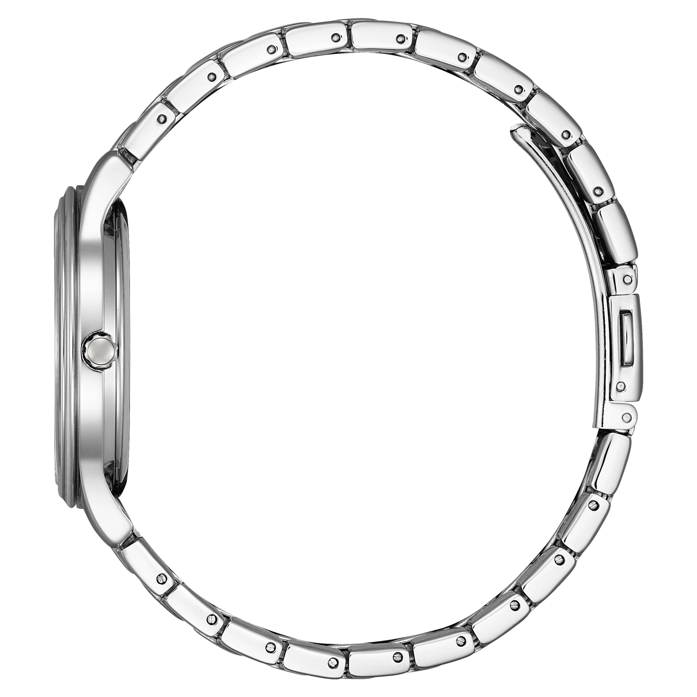 Side view of a silver wristwatch with a metal band and a round face.