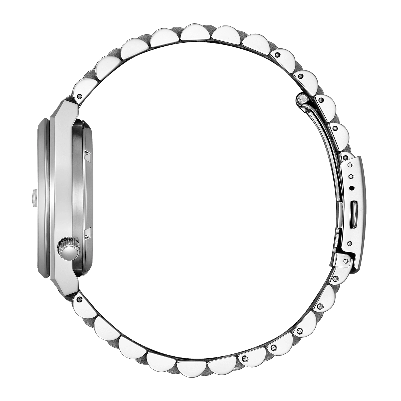 Side view of a silver wristwatch with a circular band and a white background.