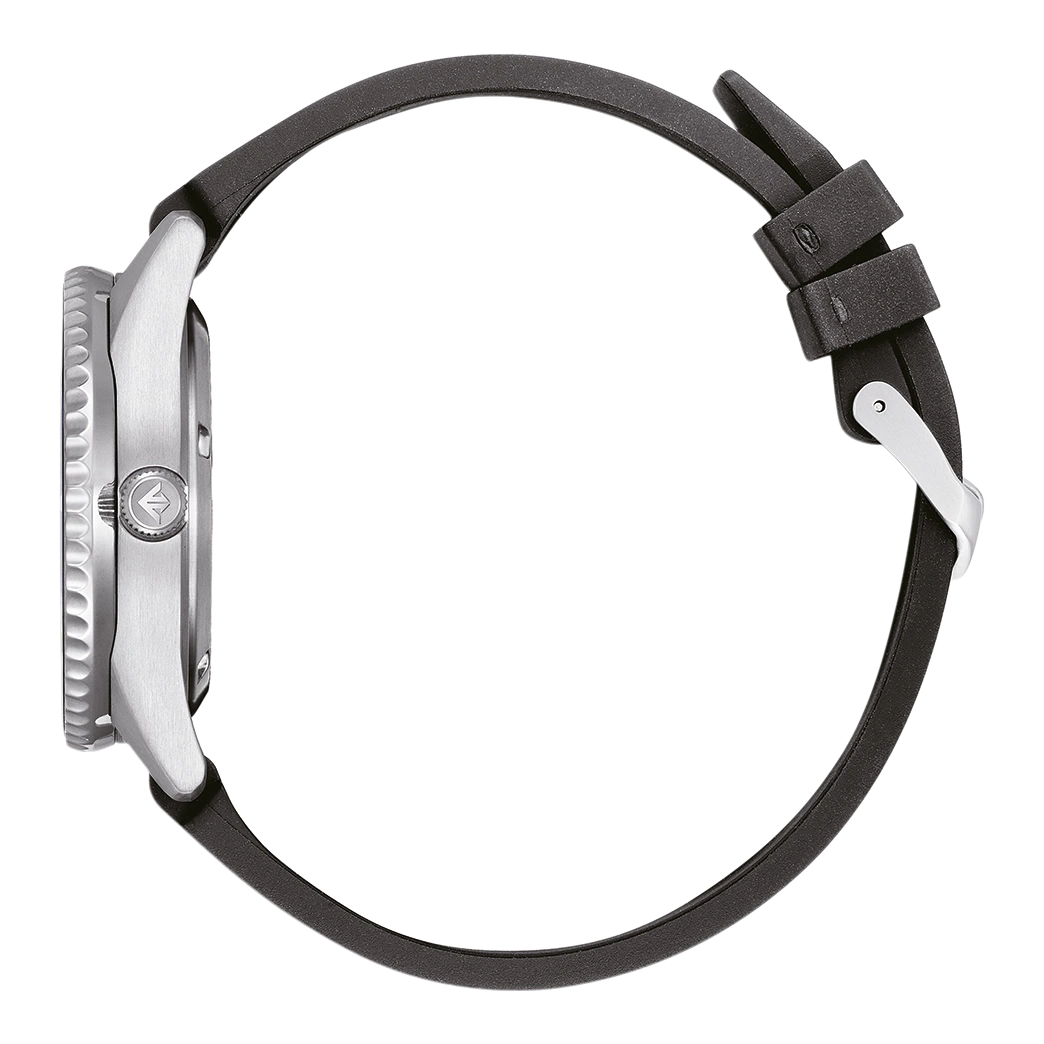 Side view of a silver watch with a black strap on white background