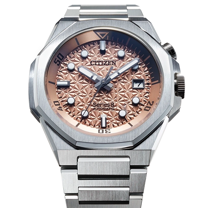 Citizen Series 8 automatic watch with a geometric dial and steel bracelet.