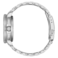 Side view of a silver watch with a metal band.
