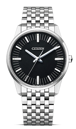 Citizen watch with a black dial and silver strap.