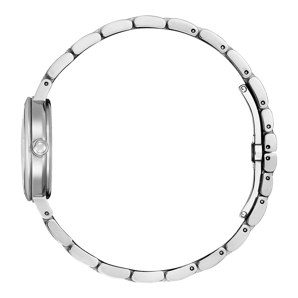Silver watch with a circular design and a metal strap, side view.