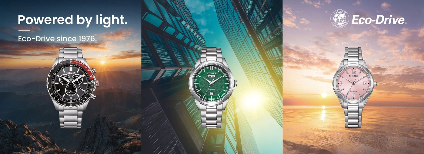 Citizen Eco-Drive watches displayed against scenic backgrounds of mountains, city, and ocean sunsets.