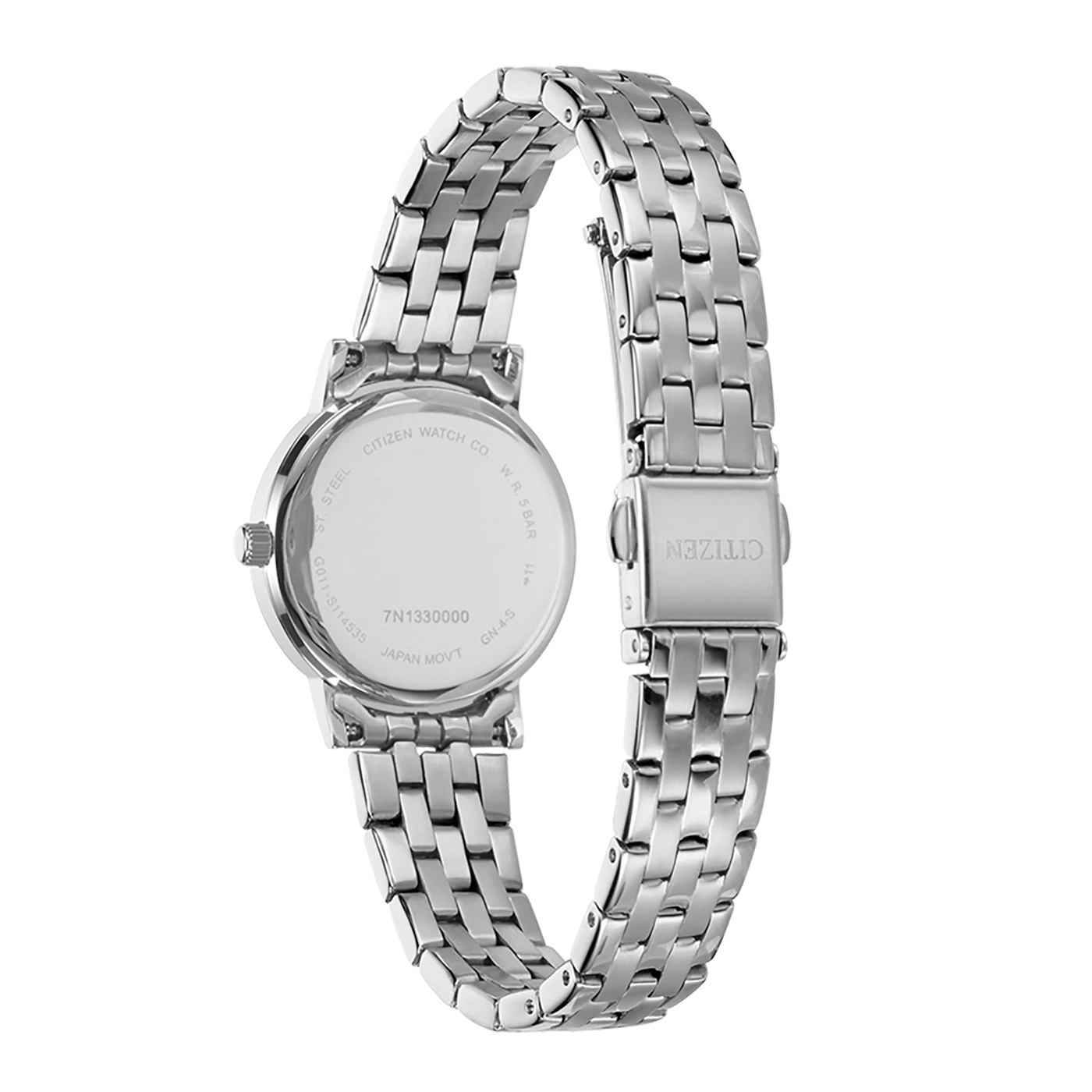 Citizen watch back, stainless steel, model number, Japan movement, bracelet