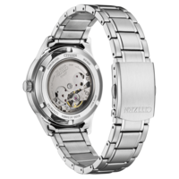Citizen watch with stainless steel strap, visible mechanism, and brand details.
