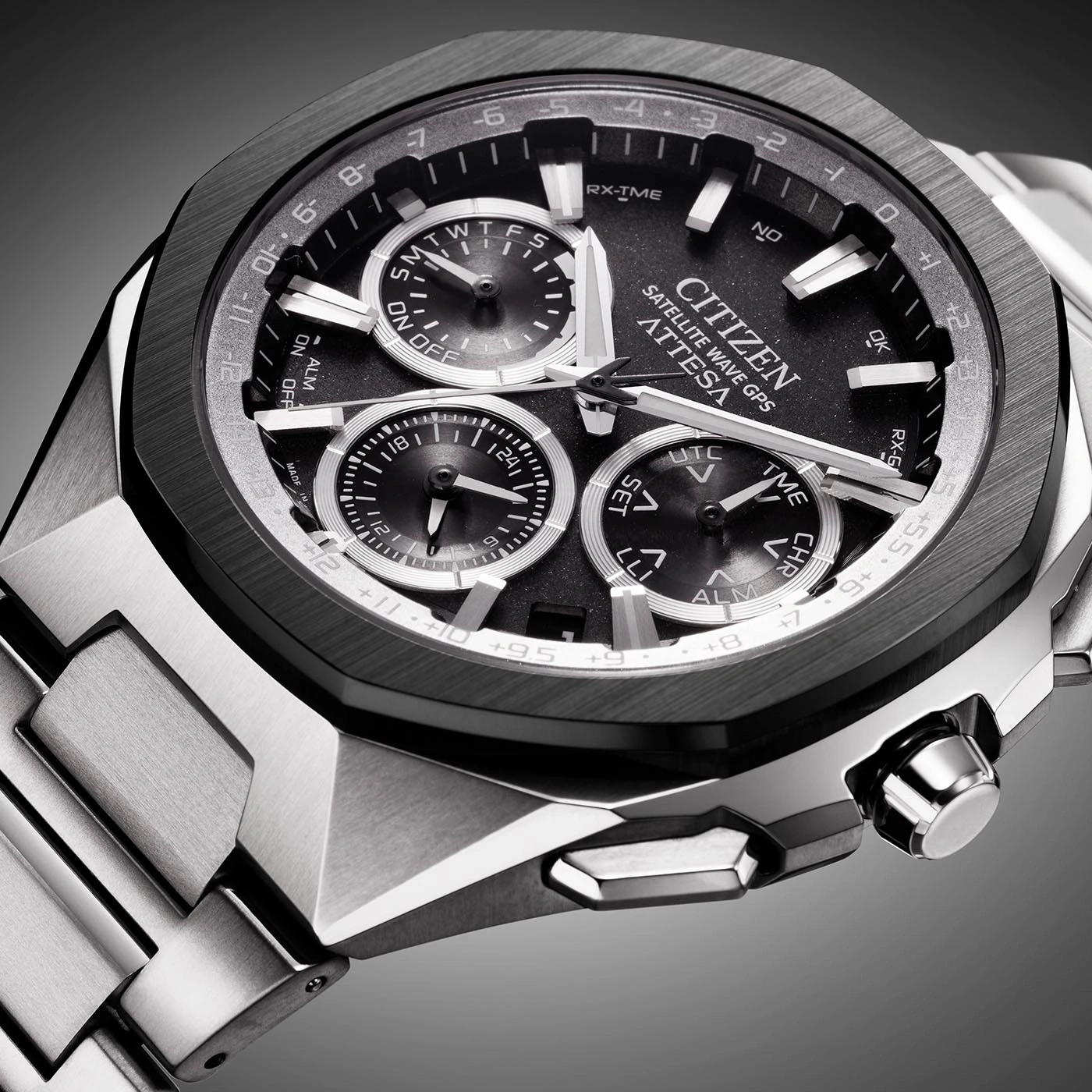 Citizen Attesa watch, black dial, silver bracelet, satellite wave GPS, close-up shot.