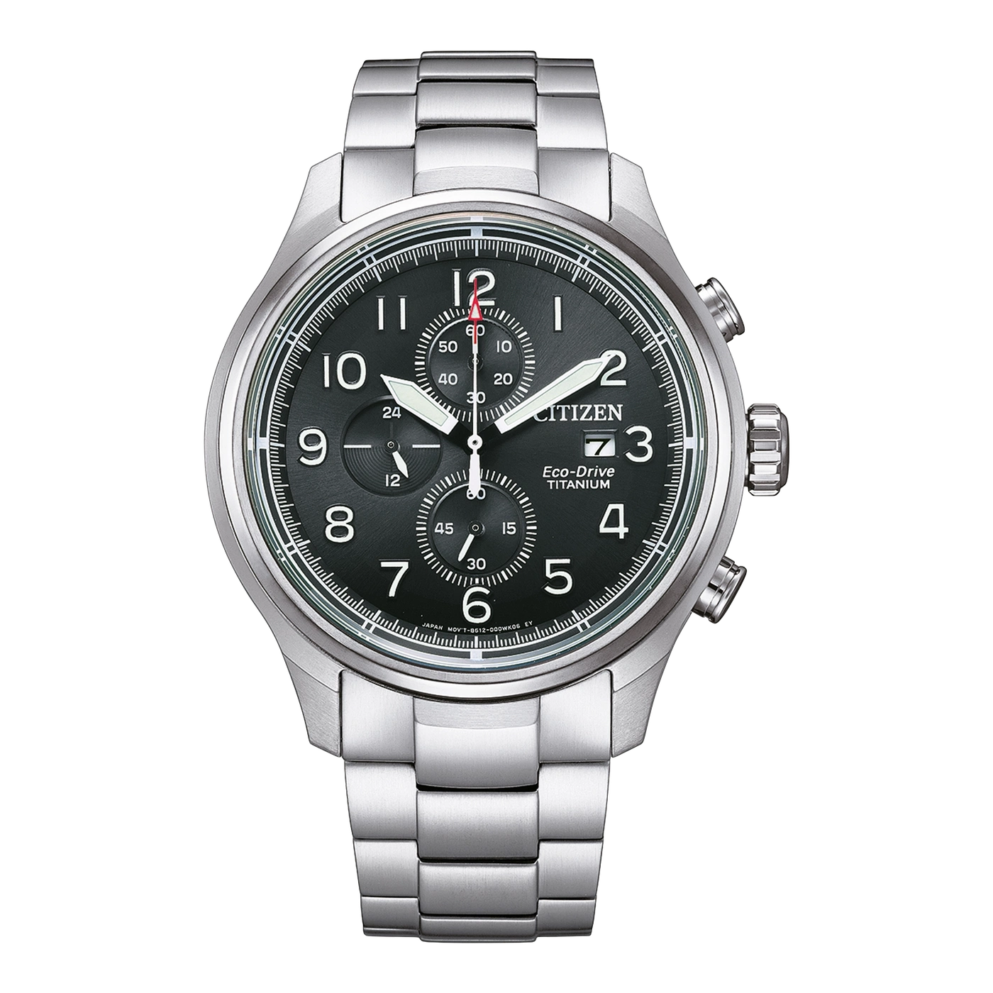 Citizen watch with a black dial, silver band, and chronograph features.