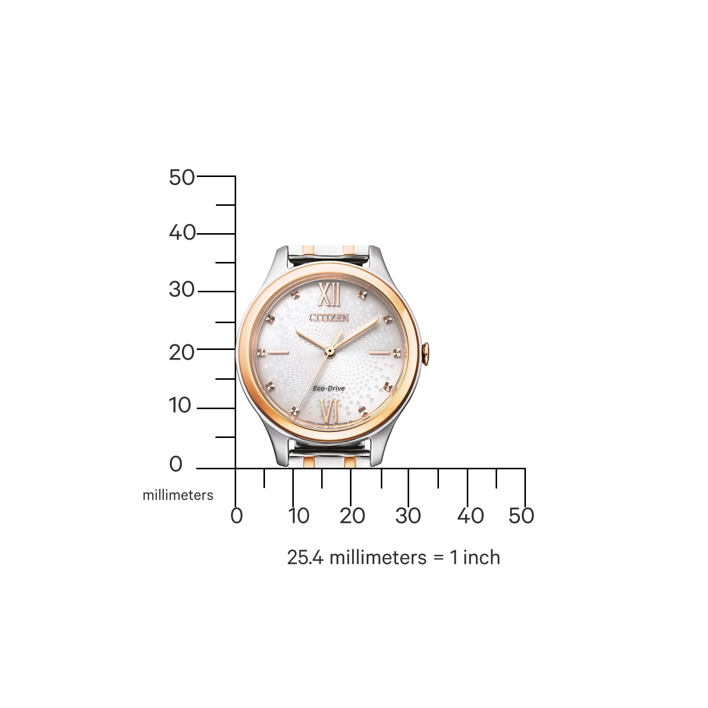 Citizen watch with gold and silver accents, Eco-Drive, and millimeter scale.
