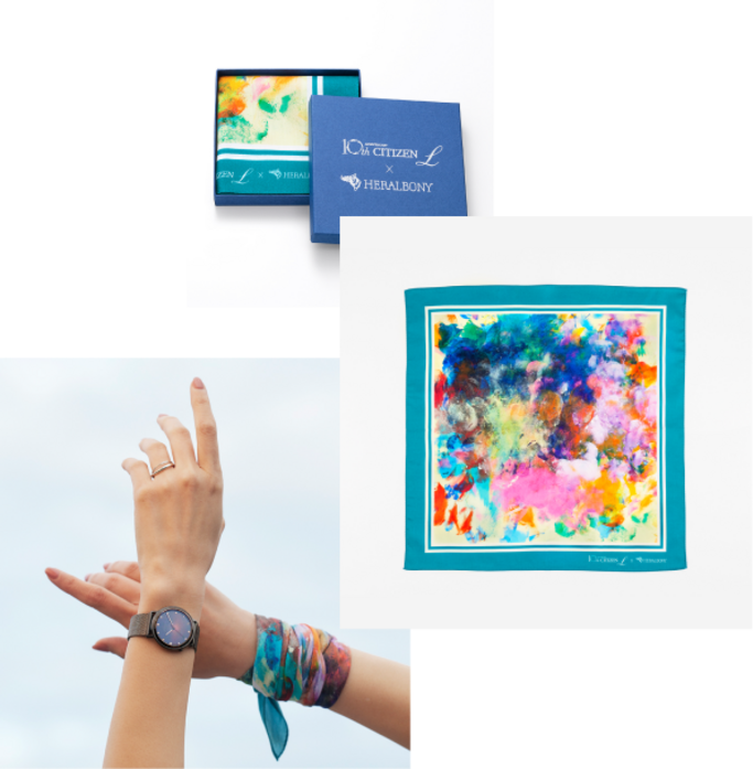 Citizen L watch, scarf, and box. Colorful abstract art design.